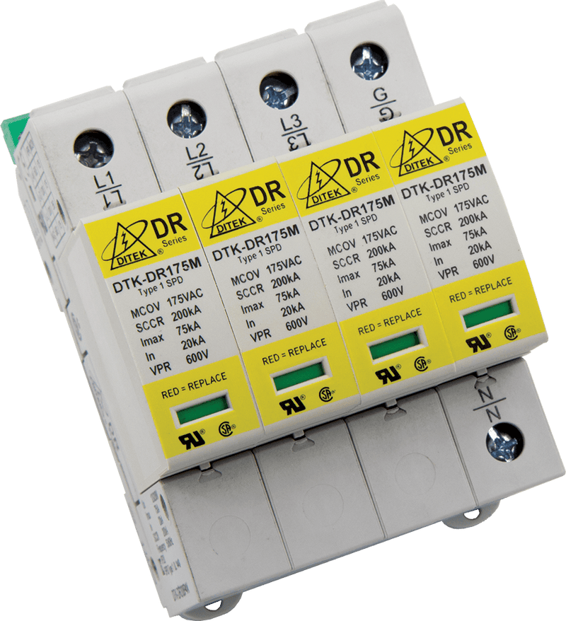 DTK-DR240P4N Ditek 120/240VAC 3 Phase Delta HL, 4W(+G), DIN Rail SPD, Type 1CA,  UL1449