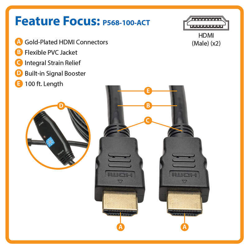 P568-100-ACT Cable: Tripp Lite, HDMI, 100 Ft.